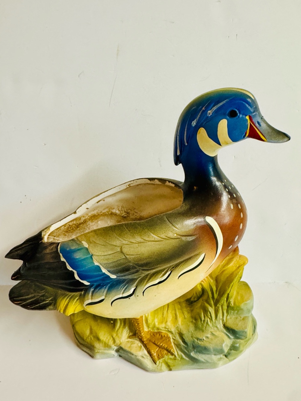Vintage 60s Inarco Hand-Painted Ceramic Wood Duck Planter in Blue and Green